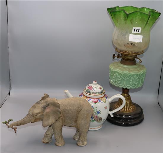 Green glass oil lamp, elephant & teapot